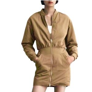 ZARA Bomber Jacket Dress Tan Zip Up Front Bomber Size XS